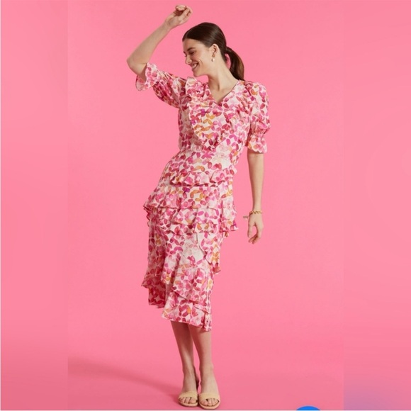 tyler boe Maxine Silk Ballet Slipper Dress V-Neck Puff Sleeve Ruffle Midi 6 - Picture 2 of 7